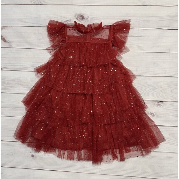 The Unbranded Brand Other - Red Tulle Star Sequin Ruffle Dress Girl Holiday Christmas Party Photo 4T-5T EUC